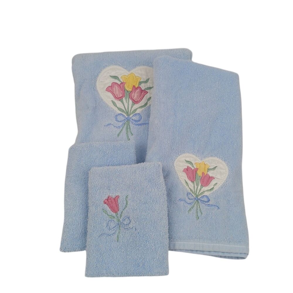Vintage Cannon Face, Hand & Bath Towels Blue Floral Embroidered Tulip Fringe 4pc